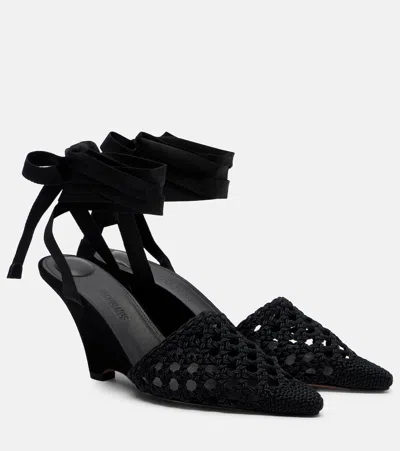 Jacquemus Wedge Espadrille Mules Pointed Toe Ribbon In Black