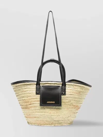 Jacquemus Woven Wicker Beach Bag With Contrast Stitching In Black