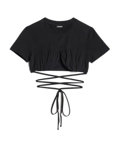 Jacquemus Wraparound Cropped T-shirt In Black