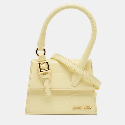 Pre-owned Jacquemus Yellow Croc Embossed Patent Leather Le Chiquito Moyen Boucle Top Handle Bag