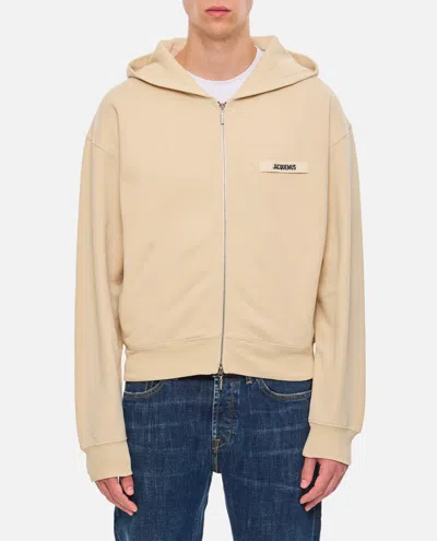 Jacquemus Grosgrain-trimmed Zippered Hoodie With Logo Detail In White