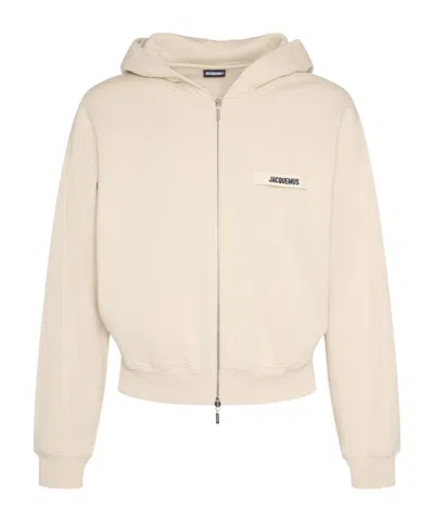Jacquemus Grosgrain-trimmed Zippered Hoodie With Logo Detail In White