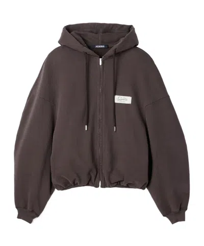 Jacquemus Zip-up Hoodie With Logo Patch In Brown