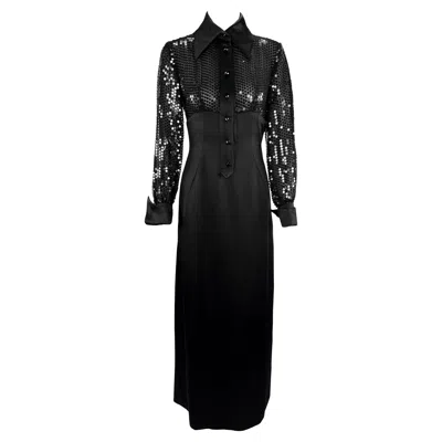 Pre-owned Jacques Fath 1990s  Sheer Black Sequin Plunging Satin French Cuff Collared Gown