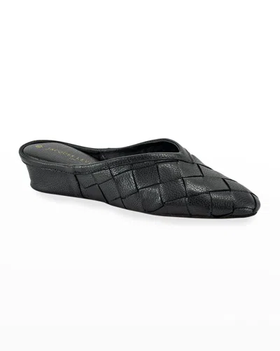 Jacques Levine Woven Leather Wedge Slippers In Black