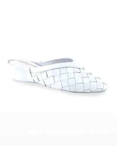Jacques Levine Woven Leather Wedge Slippers In White