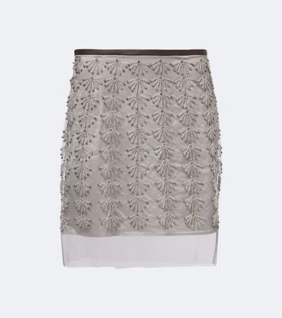 Jacques Wei Beaded Leather-trimmed Mesh Miniskirt In Brown