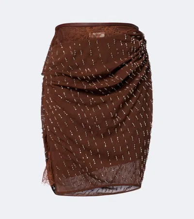 Jacques Wei Draped Embellished Lace-trimmed Miniskirt In Brown