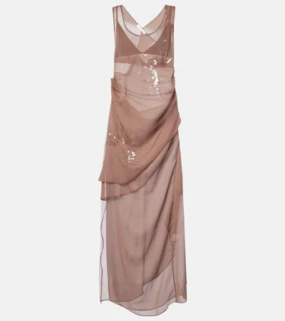 Jacques Wei Draped Sequined Tulle Dress In Brown