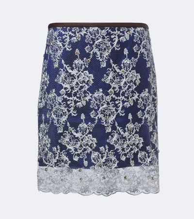 Jacques Wei Embellished Leather-trimmed Lace Miniskirt In Blue