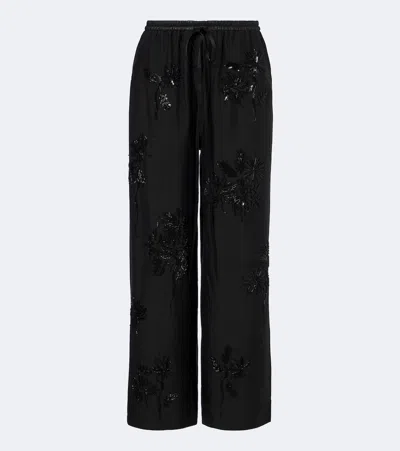 Jacques Wei Embellished Leather-trimmed Wide-leg Pants In Black