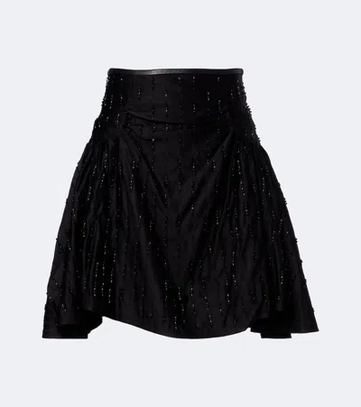 Jacques Wei Embellished Ruched Satin Miniskirt In Black