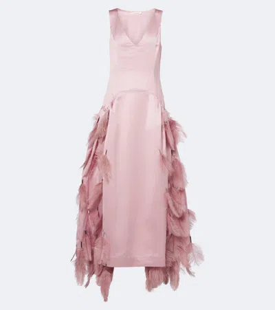 Jacques Wei Feather-trimmed Satin Gown In Pink
