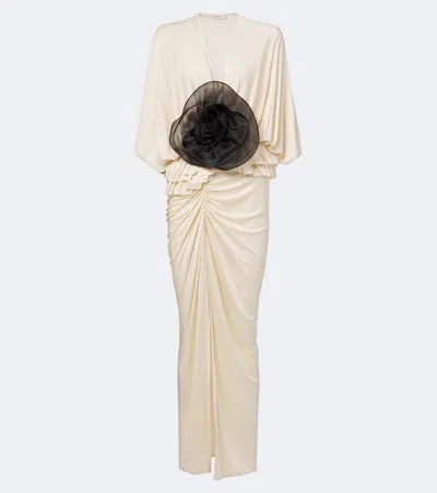 Jacques Wei Floral-appliqué Gathered Satin Maxi Dress In Neutral