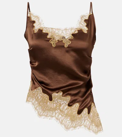 Jacques Wei Lace-trimmed Draped Satin Camisole In Brown