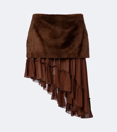 Jacques Wei Layered Shearling And Chiffon Miniskirt In Brown