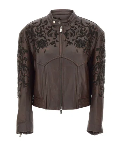 Jacques Wei Leather Jacket With Floral Embroidery In Brown
