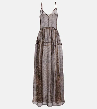 Jacques Wei Printed Semi-sheer Silk Maxi Dress In Brown