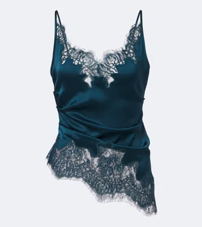 Jacques Wei Ruched Lace-trimmed Satin Camisole In Blue