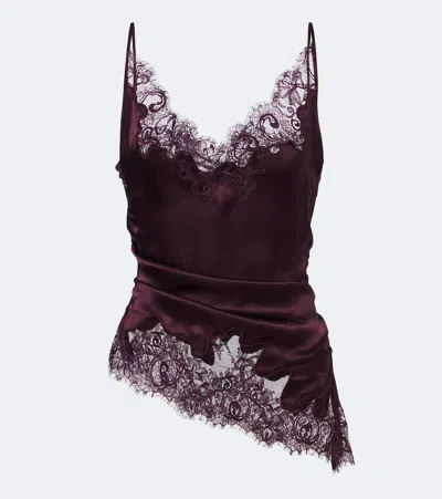 Jacques Wei Ruched Lace-trimmed Satin Camisole In Brown