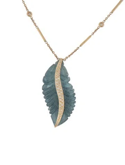 Pre-owned Jacquie Aiche 14k Aquamarine & Diamond Leaf Pendant Necklace, 19" In Multicolor