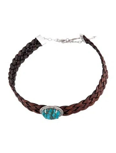Pre-owned Jacquie Aiche 14k Composite Turquoise & Diamond Leather Choker Necklace, 14.5" In Brown