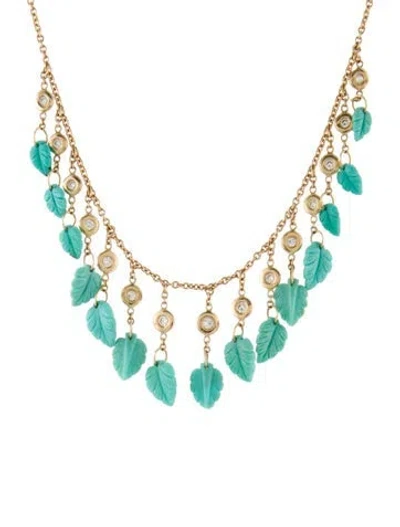 Pre-owned Jacquie Aiche 14k Diamond & Turquoise Leaf Shaker Necklace, 18" In Multi