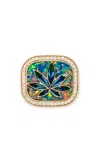 Jacquie Aiche 14k Gold Pave Rectangle Tie-dye Sweet Leaf Opal Inlay Ring In Green