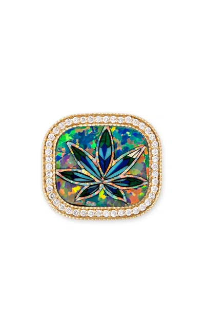 Jacquie Aiche 14k Gold Pave Rectangle Tie-dye Sweet Leaf Opal Inlay Ring In Green