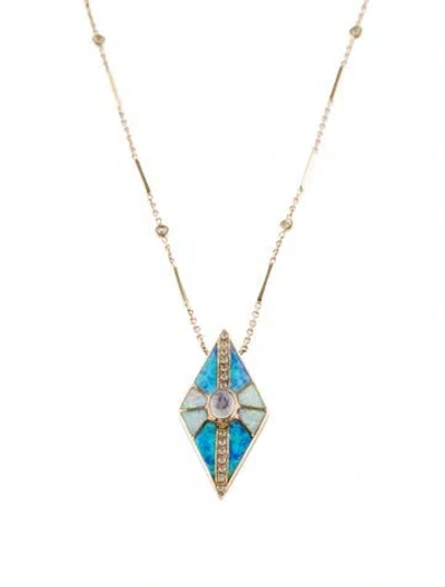 Pre-owned Jacquie Aiche 14k Moonstone, Synthetic Opal & Diamond Kite Pendant Necklace, 20.5" In Multi