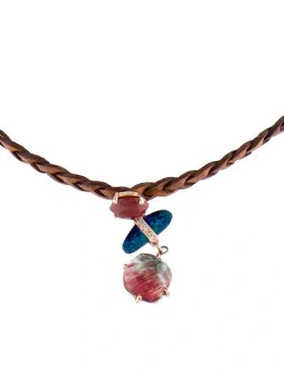 Pre-owned Jacquie Aiche 14k Multistone & Diamond Braided Leather Choker Necklace, 14.5"