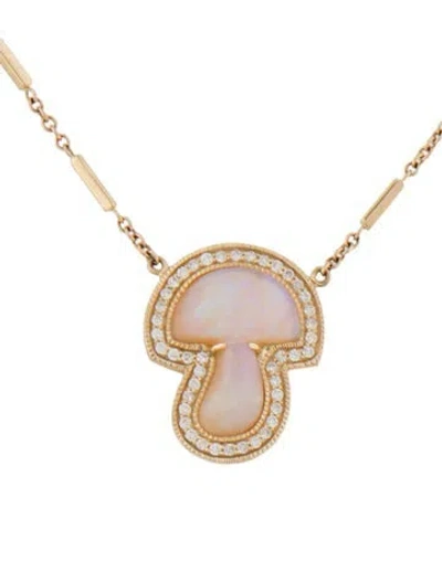 Pre-owned Jacquie Aiche 14k Opal & Diamond Mushroom Pendant Necklace, 18.75" In Multicolor