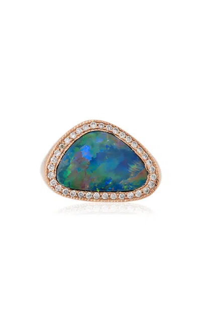 Jacquie Aiche 14k Rose Gold Freeform Oval Australian Opal Pave Border Ring In Blue