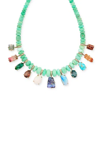 Jacquie Aiche 14k Yellow Gold 11 Multi Prong Gemstone Pave Dia Bail Graduated Chrysoprase Cylinder Beaded Necklace In Multi