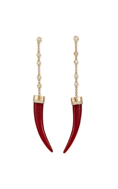 Jacquie Aiche 14k Yellow Gold 5 Sophia Dia + 1 Pave Row Red Horn Drop Studs In Red