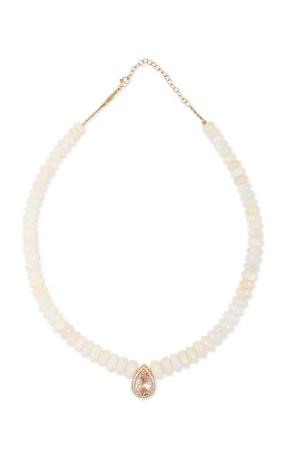 Jacquie Aiche 14k Yellow Gold Pave Dia Morganite Wide Teardrop Center Graduated Multi Opal Beaded Necklace In Multi
