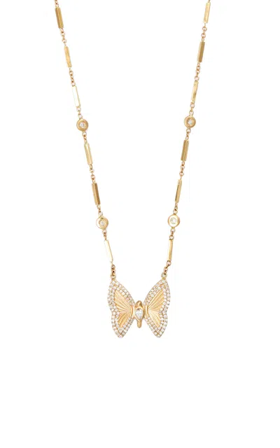 Jacquie Aiche 14k Yellow Gold Small 2 Row Pave Dia Butterfly Teardrop Center 4 Dia Mini Smooth Bar Necklace In Gold