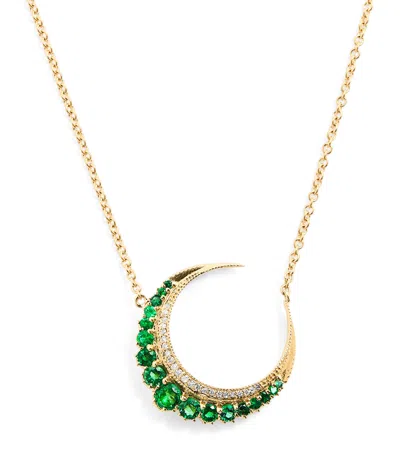 Jacquie Aiche Small Yellow Gold, Diamond And Emerald Crescent Moon Necklace