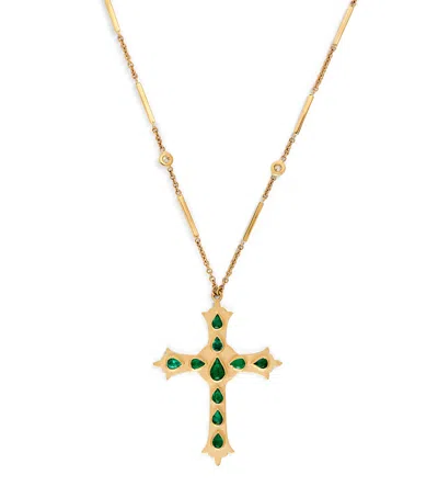Jacquie Aiche Yellow Gold, Diamond And Emerald Cross Necklace