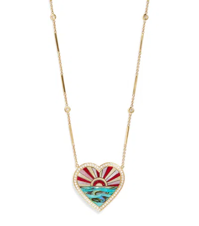 Jacquie Aiche Yellow Gold, Diamond, Turquoise And Pearl Coral Sunshine Heart Necklace