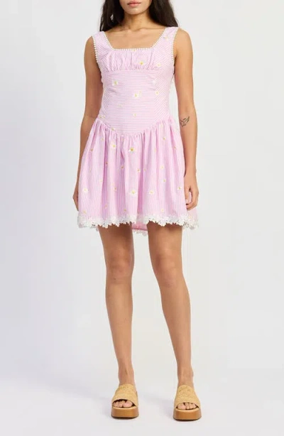 Jacquie The Label Abby Stripe Embroidered Drop Waist Minidress In Pink
