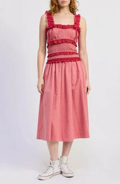 Jacquie The Label Ada Micro Dot Tiered Ruffle Trim Midi Dress In Pink