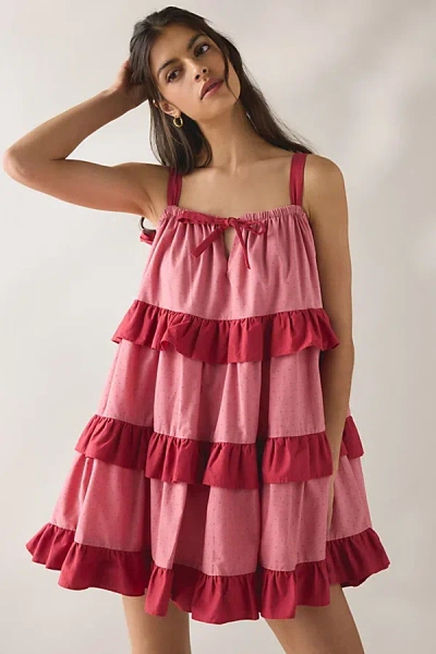 Jacquie The Label Ada Tiered Ruffle Trapeze Mini Dress In Red, Women's At Urban Outfitters In Pink