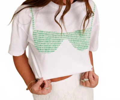 JACQUIE THE LABEL BONDI SMOCKED GRAPHIC BIKINI TOP SHIRT IN WHITE
