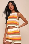 Jacquie The Label Effortlessly Nice Multi Striped Crochet Drawstring Shorts