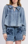 Jacquie The Label Elodie Split Neck Denim Top In Blue