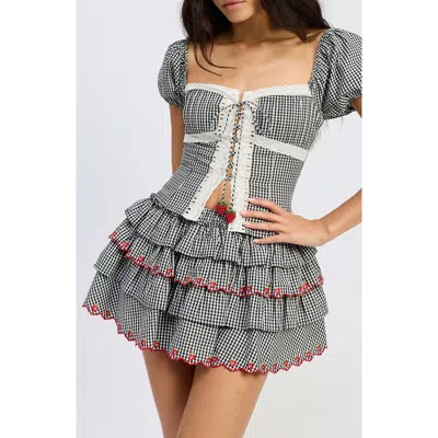 Jacquie The Label Emmie Gingham Puff Sleeve Crop Top In Gray