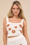 Jacquie The Label Flouret Cream 3d Floral Sweater Tank Top In White