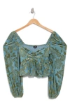 Jacquie The Label Gabrielle Velvet Burnout Long Sleeve Crop Top In Blue