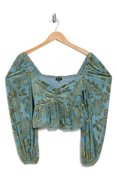 Jacquie The Label Gabrielle Velvet Burnout Long Sleeve Crop Top In Blue